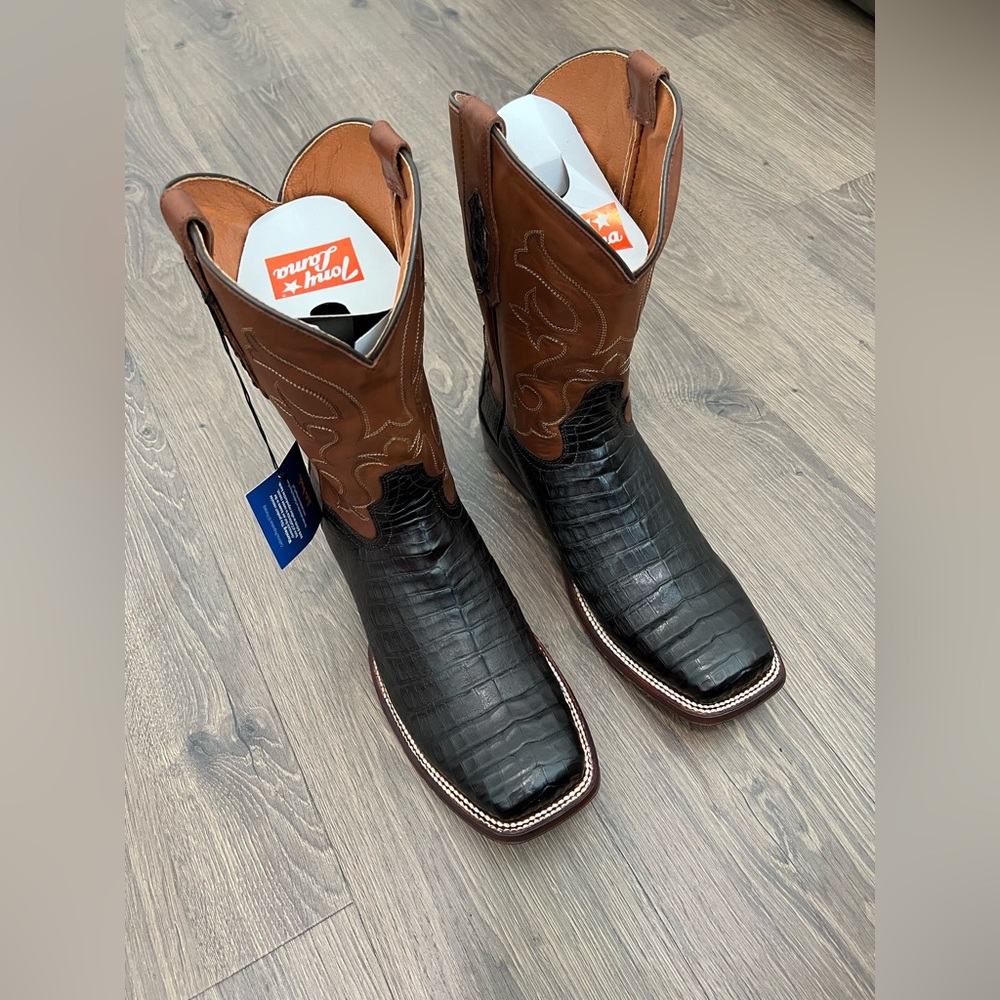 NWT Tony Lama Dark Brown Men's Western Boots, Cafe Burnished Caiman Belly Tail